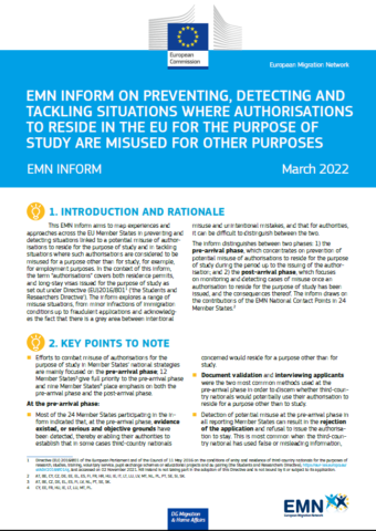New Inform on the Preventing, detecting and tackling situations where authorisations to reside in the EU for the purpose of study are misused for other purposes